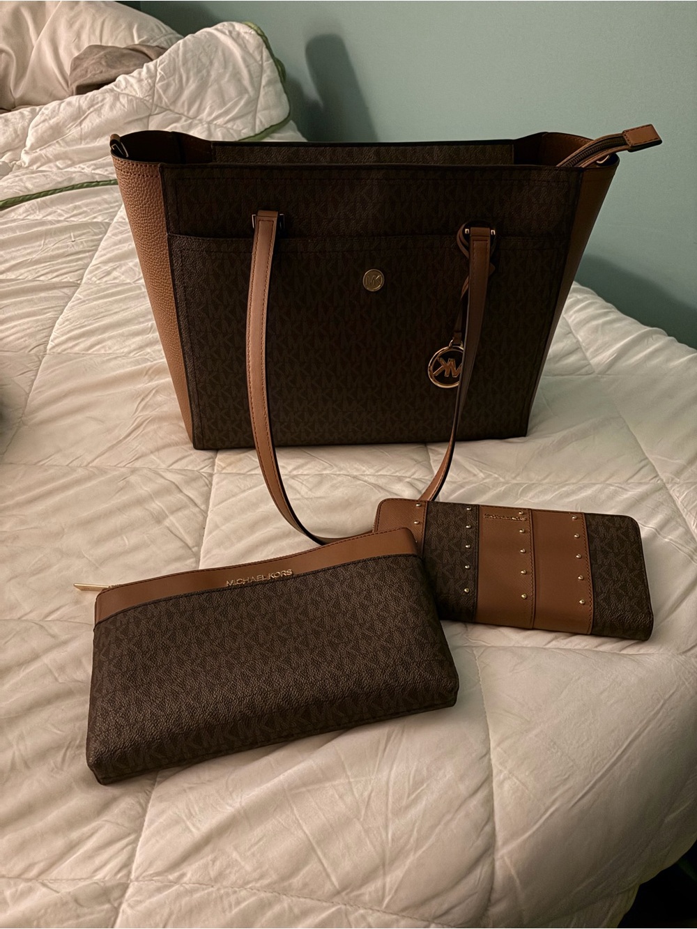 Michael Kors Brown and Tan Signature Tote with Wristlet & Studded Wallet